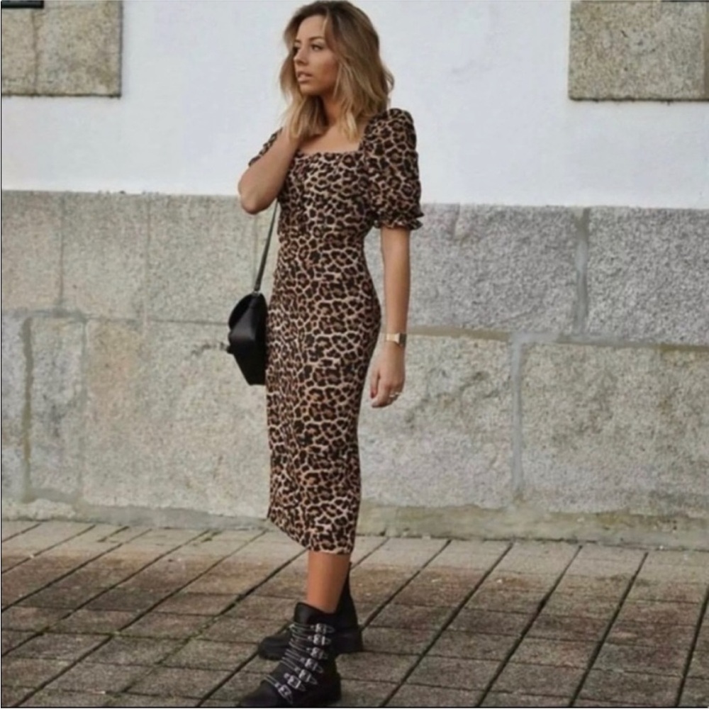 ZARA Leopard Animal Print Puff Sleeve Smocked Midi Dress Square Neckline Sz S